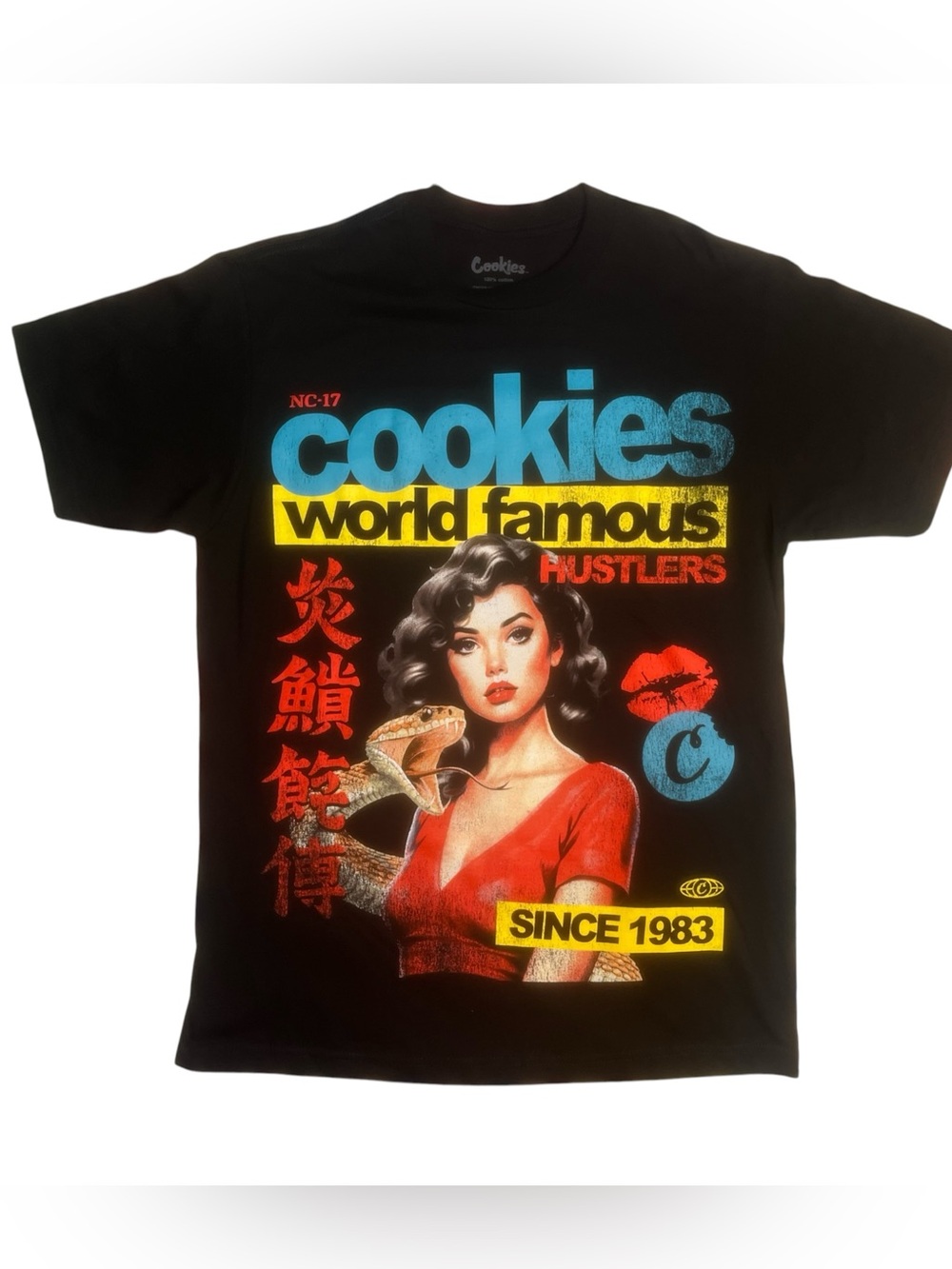 Sz Large World Famous Hustlers Graphic Tee - Black with Blue & Red Print cookie